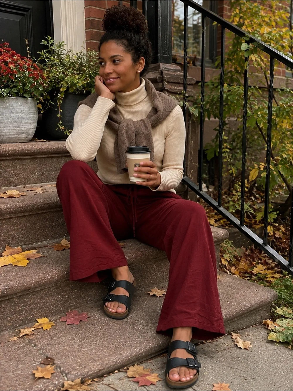 H&M Linen Blend Wide Leg Pull On Pants Burgundy Medium Elastic Waist Pockets